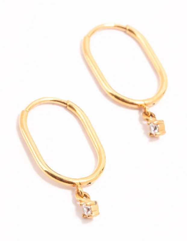 Women’s diamond stud earrings-Gold Plated Surgical Steel Cubic Zirconia Rectangle Sleeper Earrings