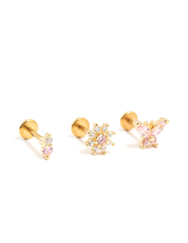 Unique earrings for women-Gold Plated Surgical Steel Butterfly & Flower Flat Backs 3-Pack