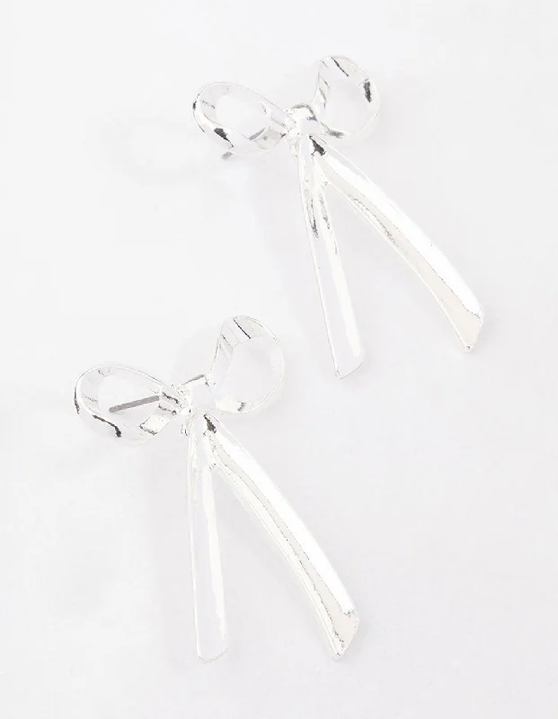 Classic hoop earrings for women-Silver Large Bow Stud Earrings