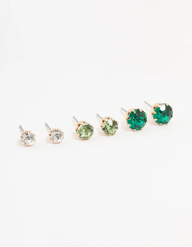 Women’s statement earrings with crystals-Gold Green Multi Diamante Stud Earrings 3-Pack