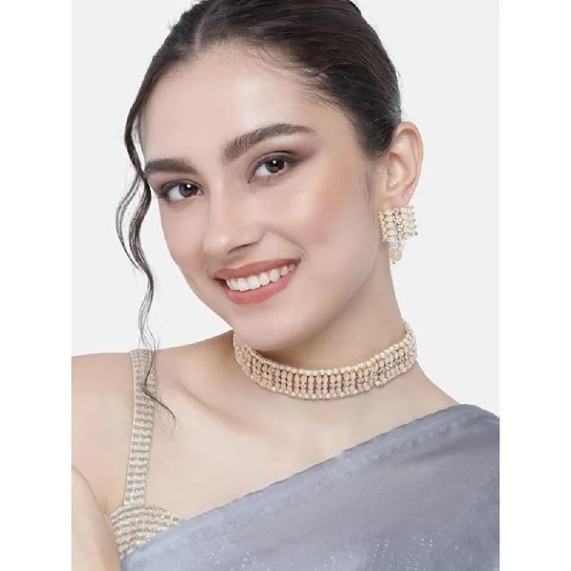 Women’s pearl necklaces-Etnico Gold Plated Traditional Kundan Pearl Choker Necklace Jewellery Set For Women And Girls (K7209) (Peach)