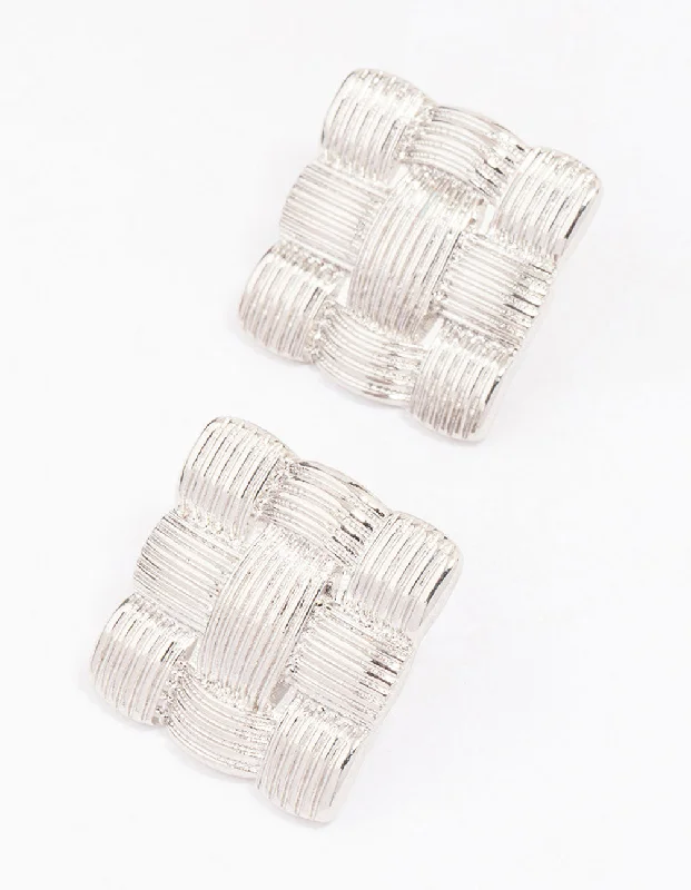 Women’s gold dangly earrings-Silver Quilted Square Stud Earrings