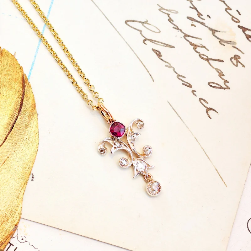 Women’s chokers with gemstone pendants-Beautiful Antique Art Nouveau Ruby & Diamond Pendant