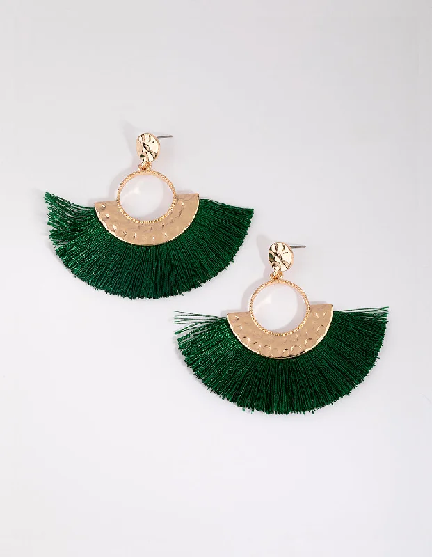 Women’s pearl drop earrings-Green Fringe Drop Earrings