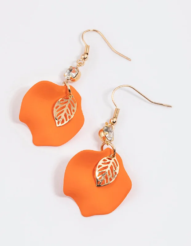 Elegant pearl earrings for women-Orange Diamante Petal Drop Earrings