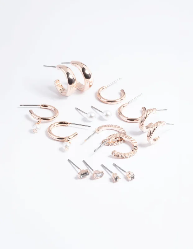 Women’s statement earrings-Rose Gold Pearl Stud & Hoop Earrings 8-Pack