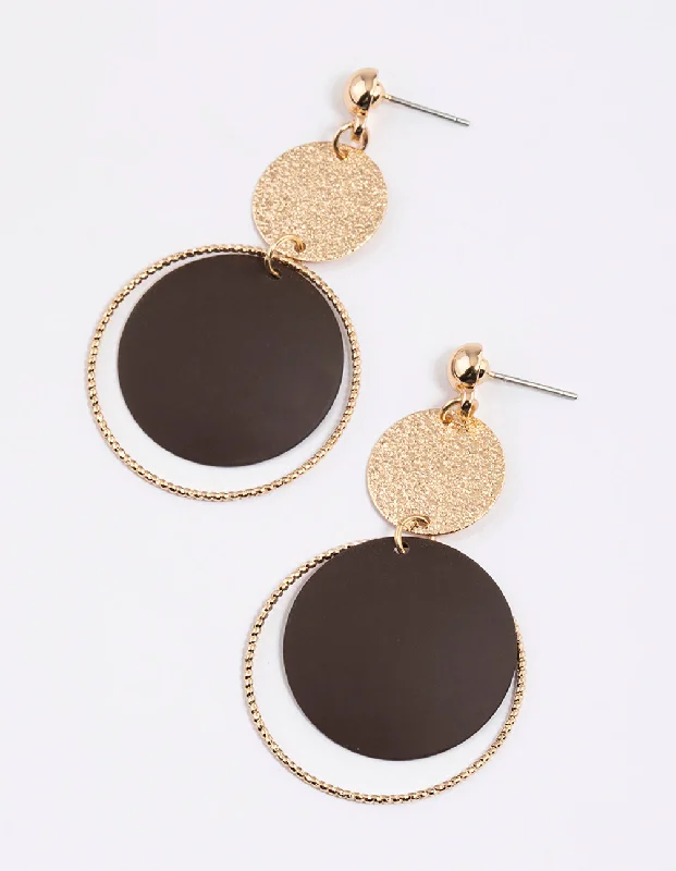 Large hoop earrings for women-Brown Sandblast Disc Drop Earrings