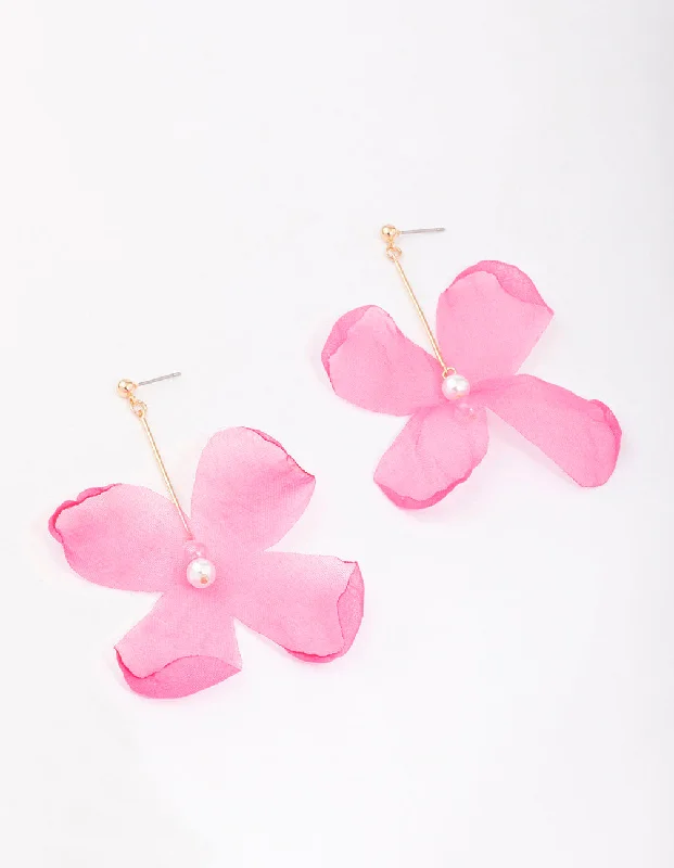 Large hoop earrings for women-Pink Diamante & Pearl Fabric Flower Drop Earrings