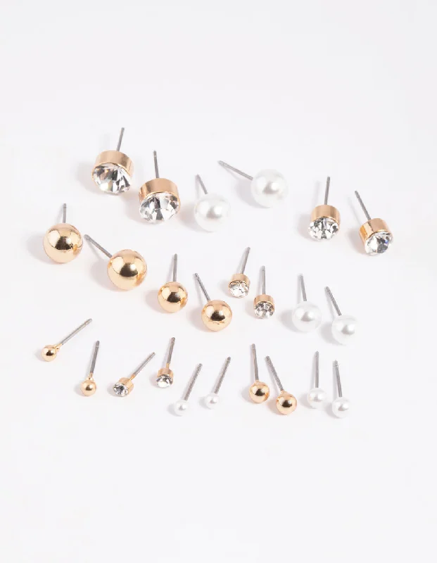 Women’s rose gold earrings-Gold Pearl Stud Earring 12-Pack