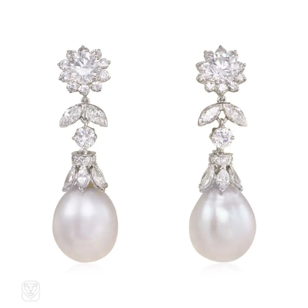 Women’s chandelier earrings-Diamond earrings with interchangeable pearl or tanzanite pendants, Oscar Heyman