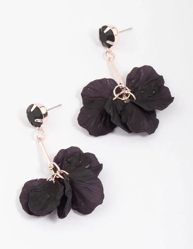 Custom women’s earrings-Black & Rose Gold Petal Drop Earrings