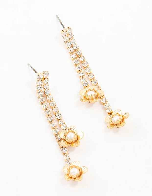 Women’s crystal earrings-Gold Cup Chain Pearl Flower Drop Earrings