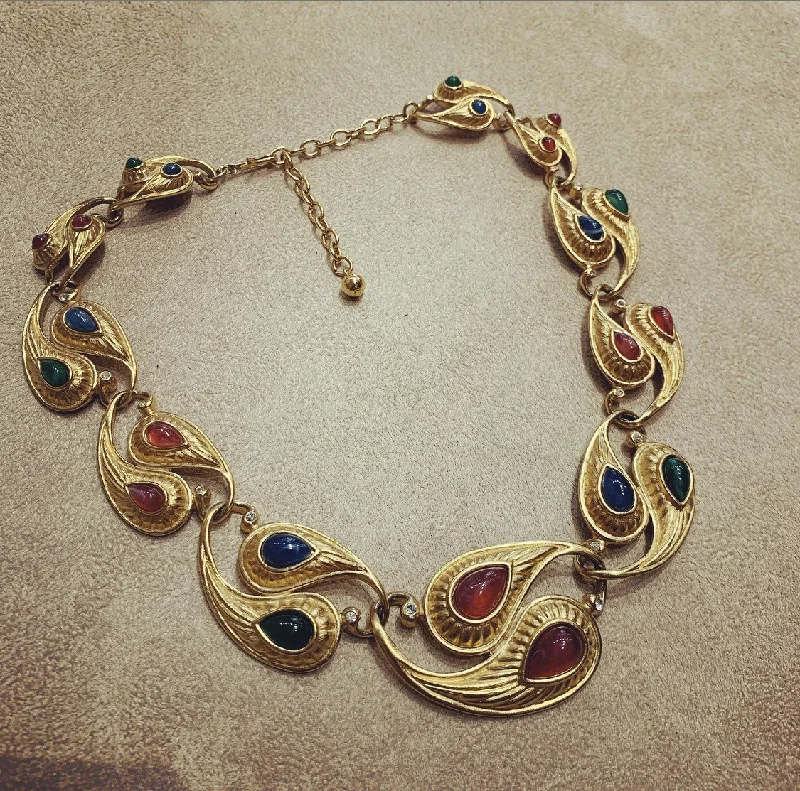 Unique gold necklaces for women-Vintage Trifari Necklace with ruby emerald sapphire glass stones gold