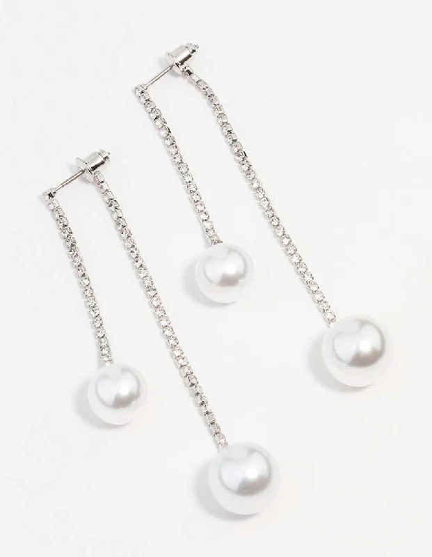 Women’s clip-on diamond earrings-Silver Double Diamante Pearl Drop Earrings