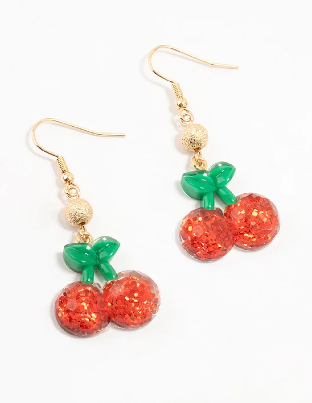 Women’s gemstone drop earrings-Red Acrylic Glitter Cherry Drop Earrings