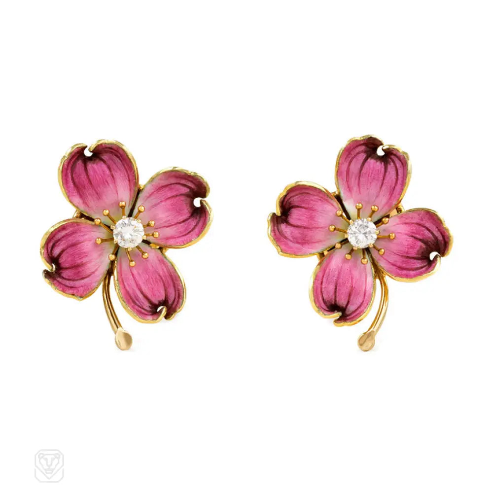 Women’s luxury diamond earrings-Retro pink enamel and diamond flower earrings