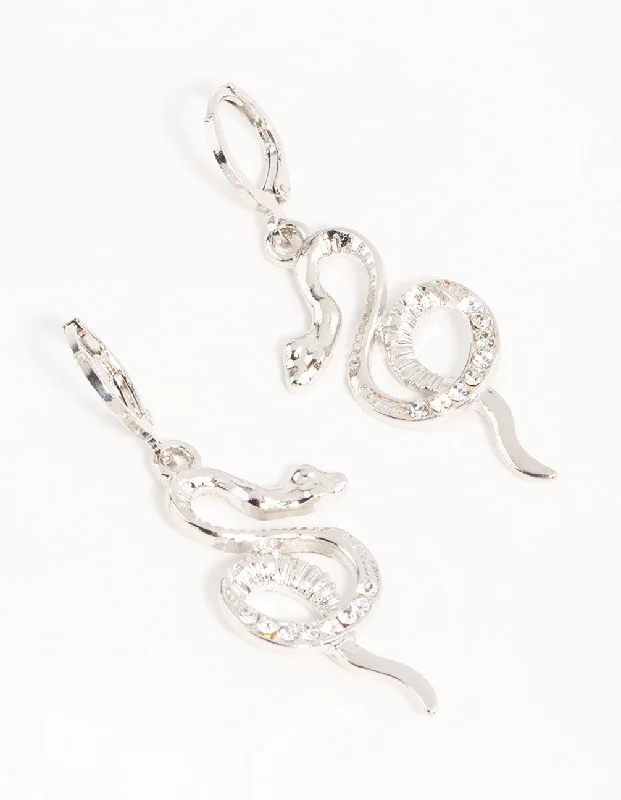 Classic women’s earrings-Silver Curved Snake Hoop Earrings