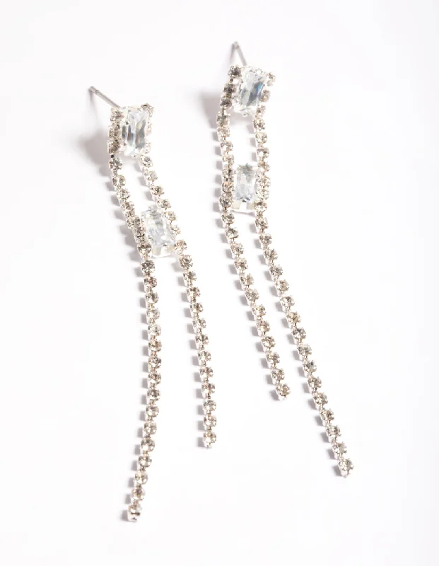 Women’s tribal earrings-Silver Diamante Double Sided Stick Drop Earrings