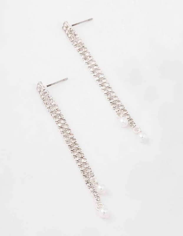 Women’s fashionable stud earrings-Silver Double Cup Chain Pearl Drop Earrings