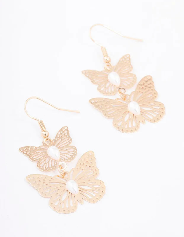 Women’s drop earrings-Gold Double Pearl Butterfly Drop Earrings