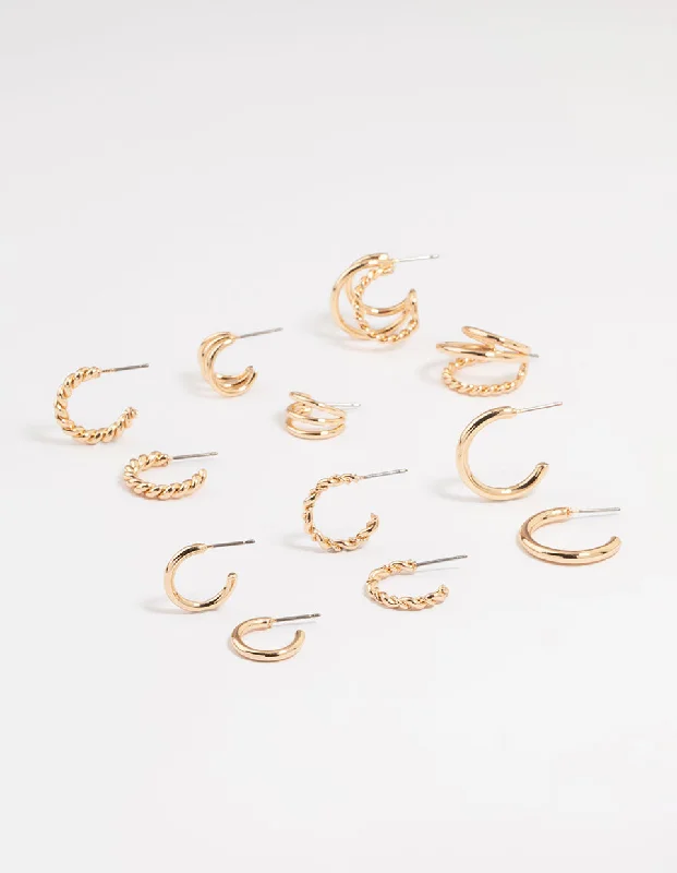 Women’s elegant dangling earrings-Gold Twisted & Sleek Hoop Earrings 6-Pack