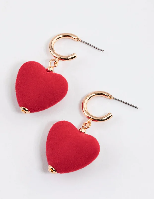 Women’s colored gemstone earrings-Gold Puffy Fuzzy Heart Drop Earrings