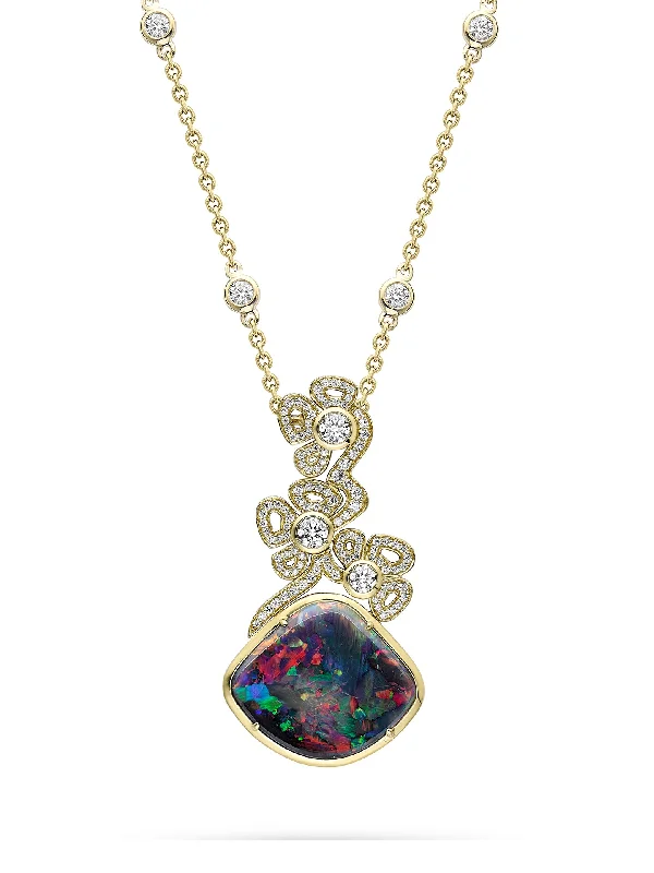 Diamond necklace chains for women-A Family Journey Barcelona Black Opal Yellow Gold Pendant