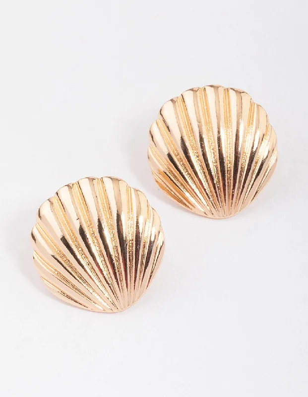 Women’s playful earrings-Gold Large Clam Stud Earrings