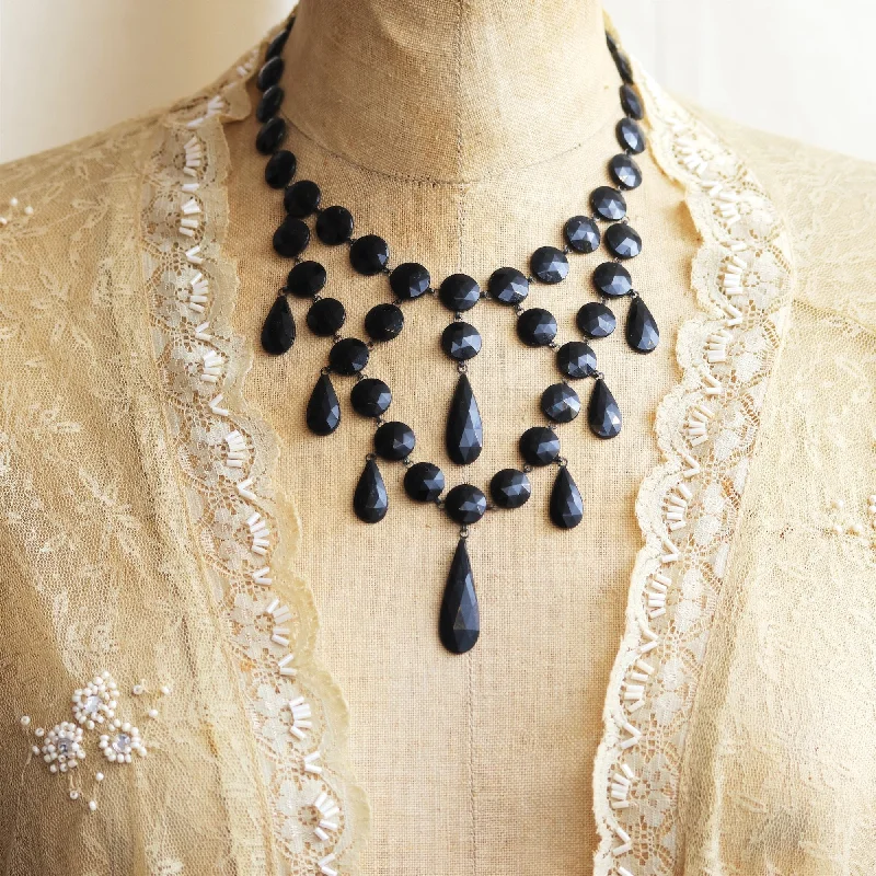 Classic gold necklaces for women-Antique Victorian Gothic! French Jet Bib Necklace