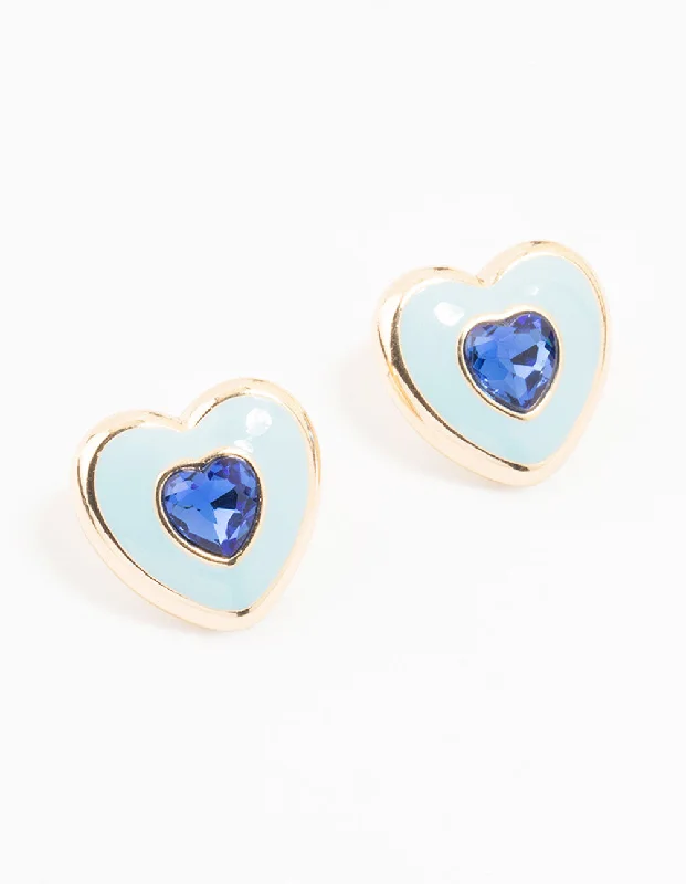 Classic women’s earrings-Blue & Gold Acrylic Heart Stud Earrings