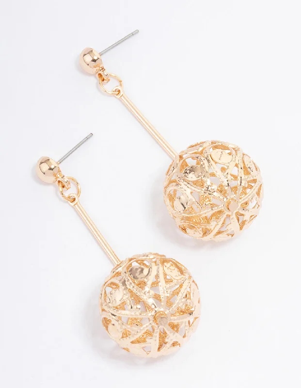 Women’s gemstone hoop earrings-Gold Filigree Ball Stack Drop Earrings