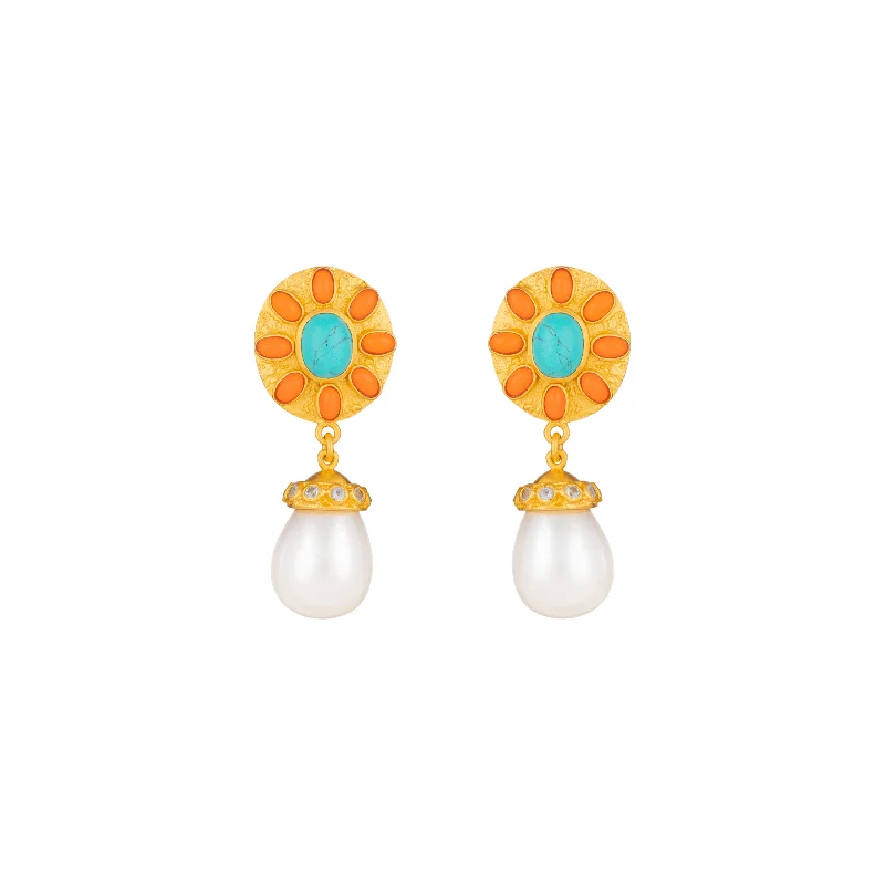 Affordable diamond earrings for women-Heather Earrings Orange Coral, Turquoise, Crystal & Pearls