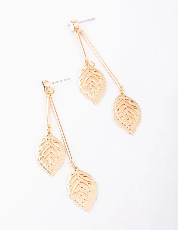 Women’s silver earrings-Gold Diamante Layered Leaf Drop Earrings