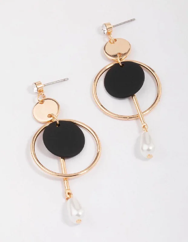 Custom gold earrings for women-Gold Multi Disc Pearl Drop Earrings