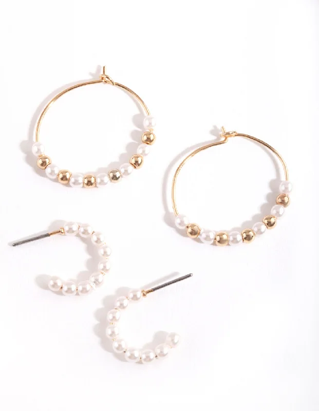 Women’s rhinestone earrings-Gold Pearl Bead Hoop Earring Pack