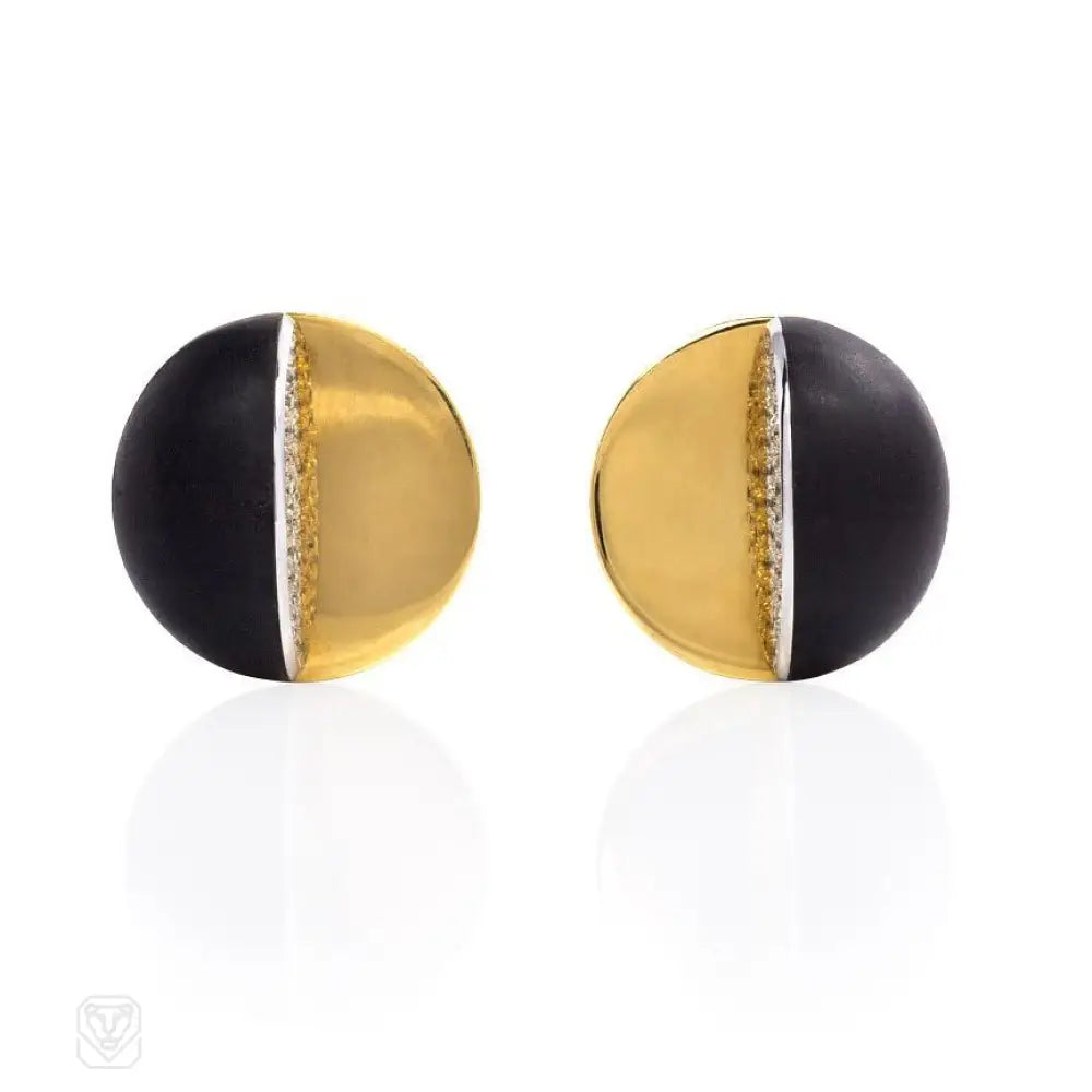 Women’s long dangling earrings-Gold, ebony, and diamond geometric earrings