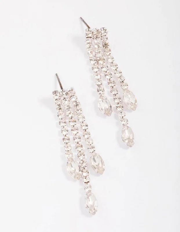 Vintage-inspired earrings for women-Silver Cup Chain Pear Diamante Drop Earrings