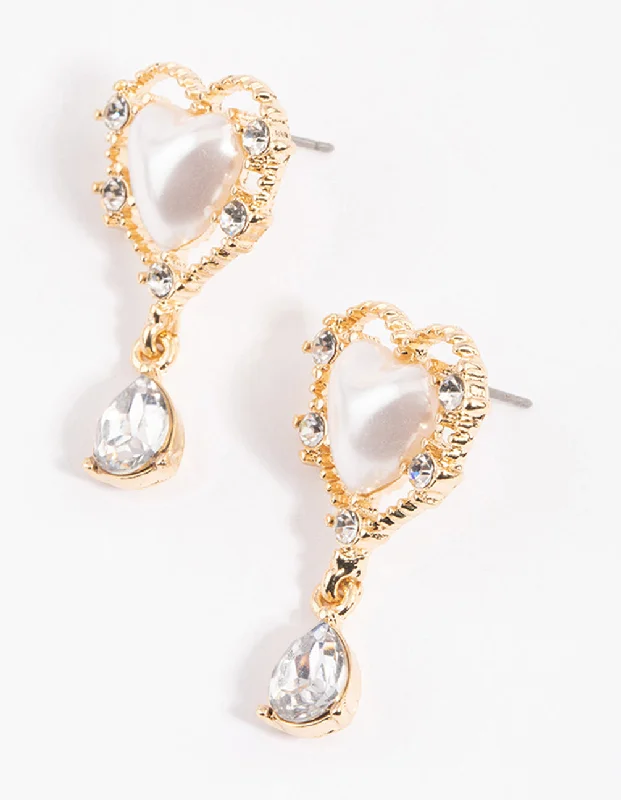 Women’s geometric stud earrings-Gold Ornate Diamante & Heart Drop Earrings