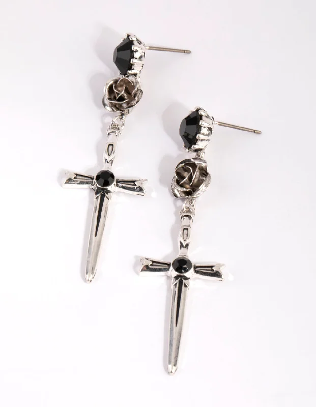 Women’s statement earrings-Antique Silver Rose & Sword Drop Earrings