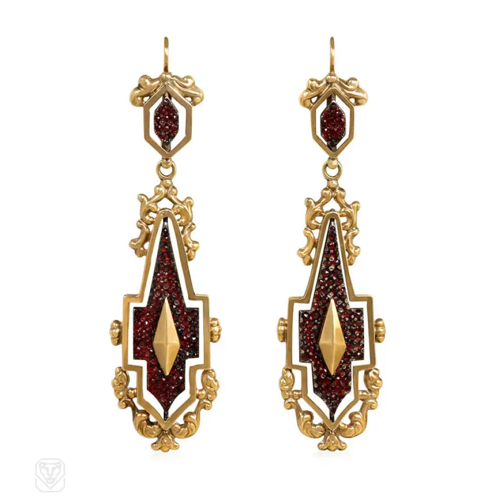 Vintage-inspired earrings for women-Antique day-to-night gold, garnet and steel earrings