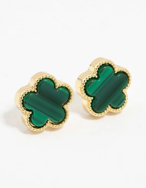 Women’s geometric stud earrings-Gold Plated Emerald Flower Stud Earrings