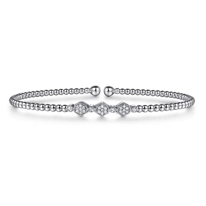 Personalized silver bangles for women-14K White Gold Bujukan Bead and Hexagon Cluster Diamond Bangle