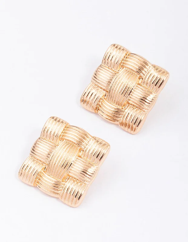 Simple stud earrings for women-Gold Quilted Square Stud Earrings