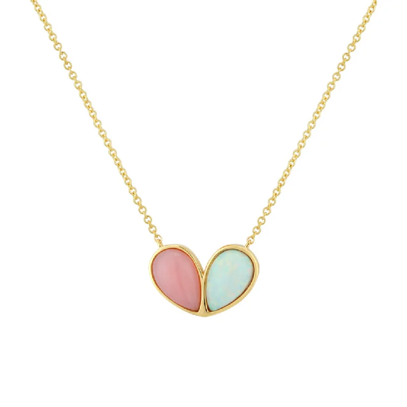 Custom-designed necklaces for women-Two Stone Heart Necklace Pink Opal White Opal