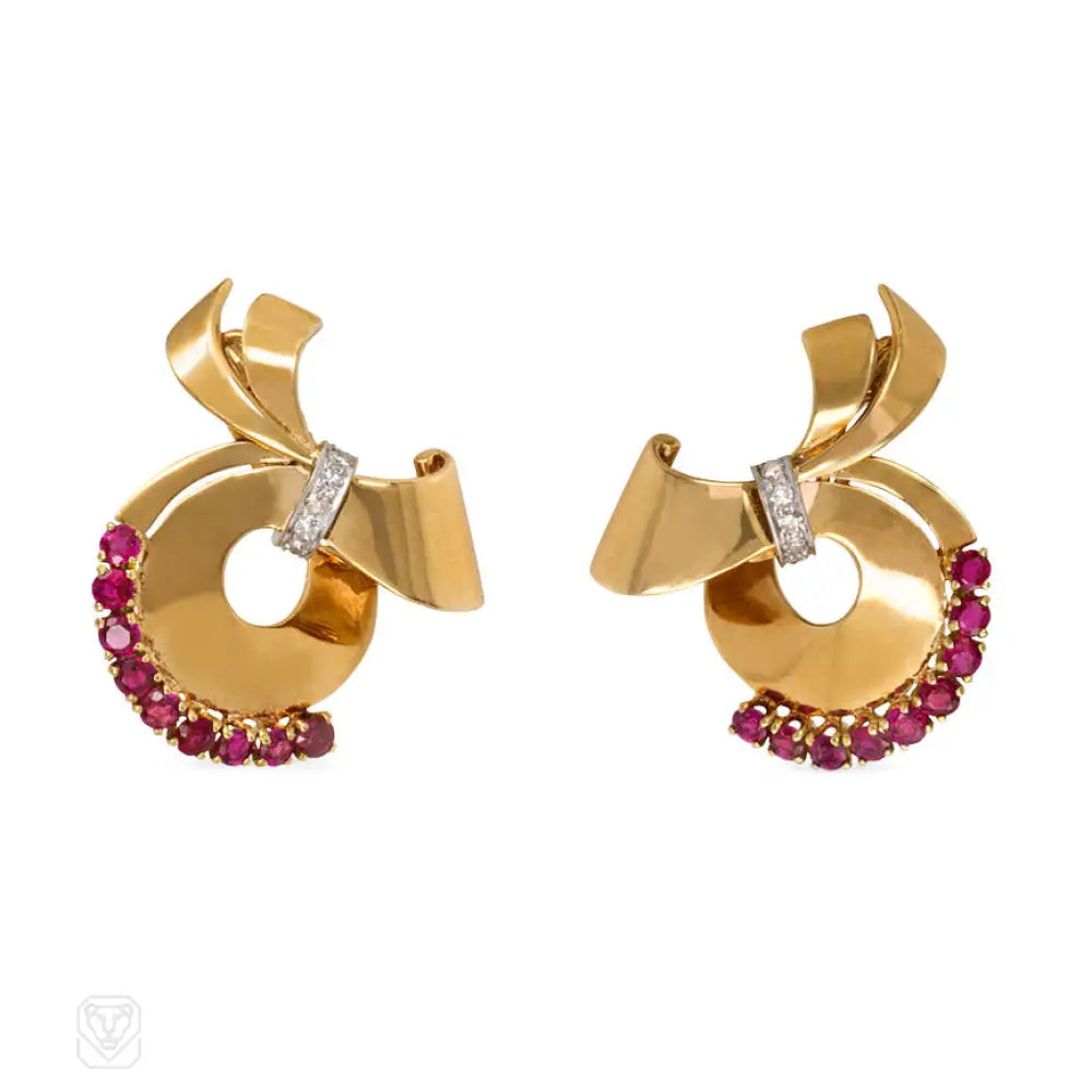 Women’s gemstone stud earrings-Retro gold, ruby and diamond scroll earrings