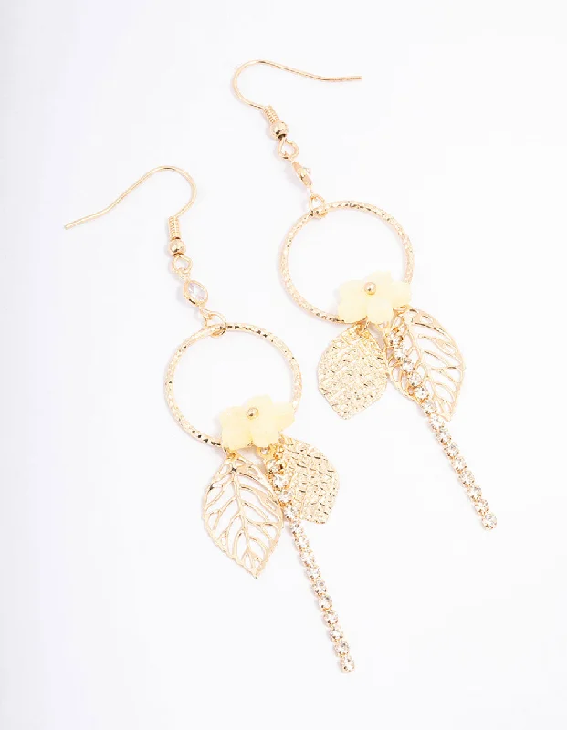 Women’s pearl earrings-Yellow Circle Flower Leaf Chain Drop Earrings