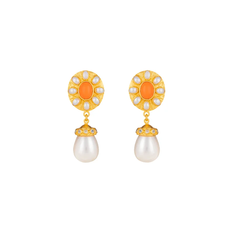 Women’s vintage-style earrings-Heather Earrings Orange Coral, Crystal & Pearls