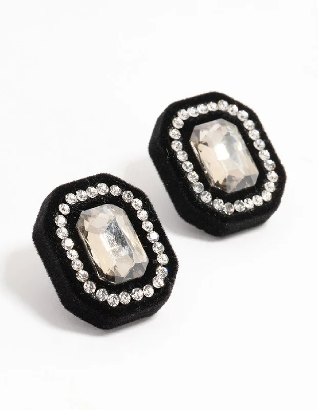 Women’s chandelier earrings-Black Velvet Fabric Diamante Stud Earrings