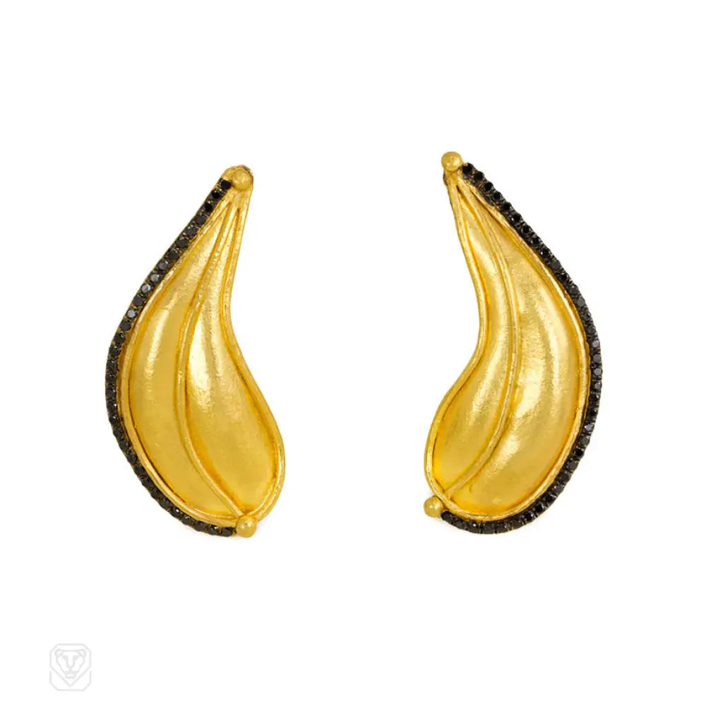 Women’s tribal earrings-Gold and black diamond leaf form earrings, Sara Bacsh