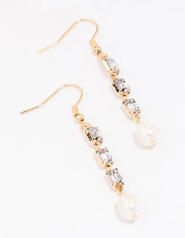 Women’s gold dangly earrings-Gold Cupchain Pearl Crystal Drop Earrings